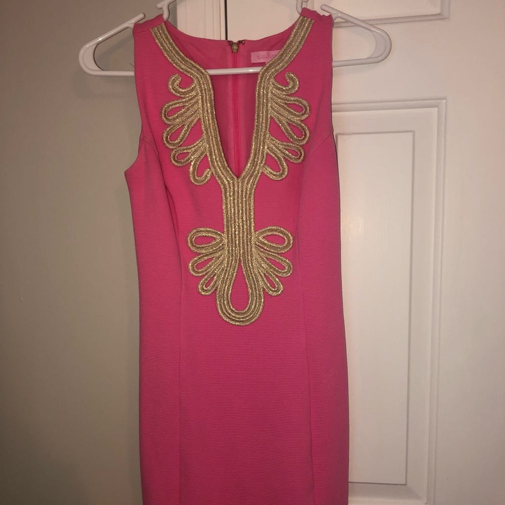 Lily Pulitzer pink dress with gold trim